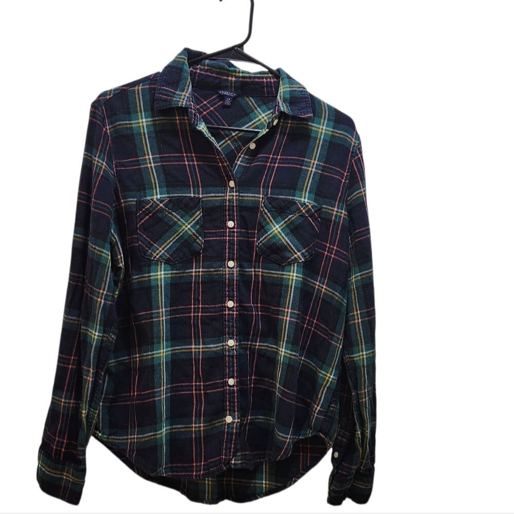 Aeropostale Colorful Blue Green Plaid Flannel Button-Up Shirt Women's L